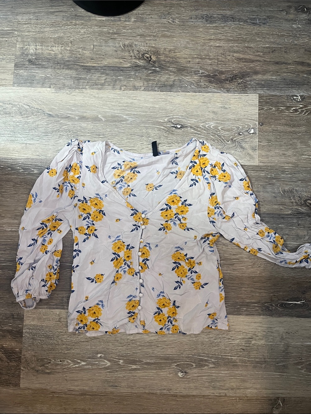 Divided Yellow Floral Button-Front V-Neck Blouse